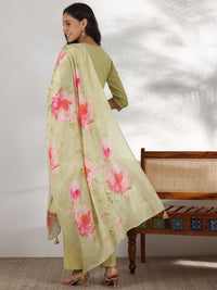 Libas Floral Embroidered Thread Work Pure Cotton Straight Kurta With Palazzos & Dupatta
