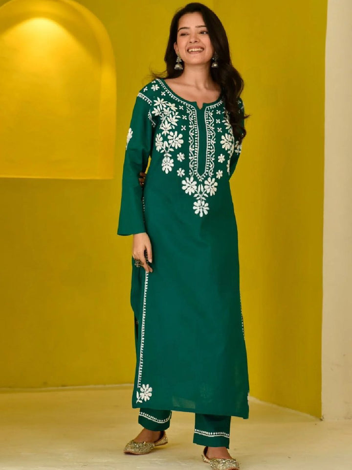 House of Chikankari Women Teal Green Cotton Chikankari Embroidered Kurta Set