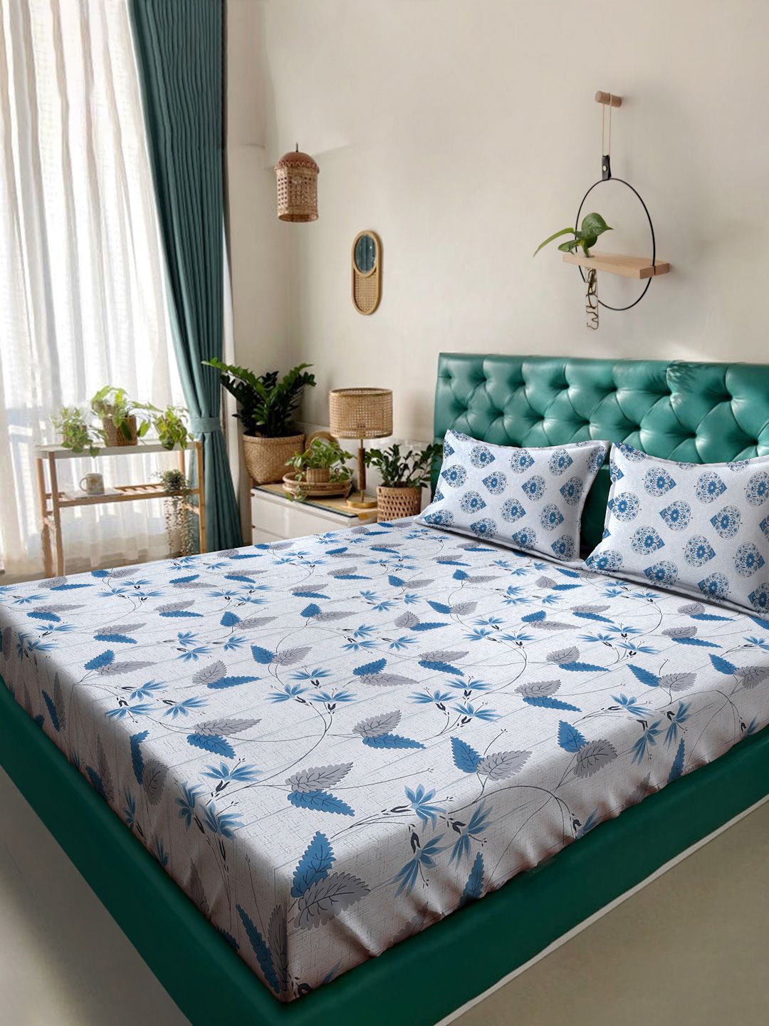 Myntra Elegant Homes Blue & White Floral 400 TC Fitted Cotton King Bedsheet Set