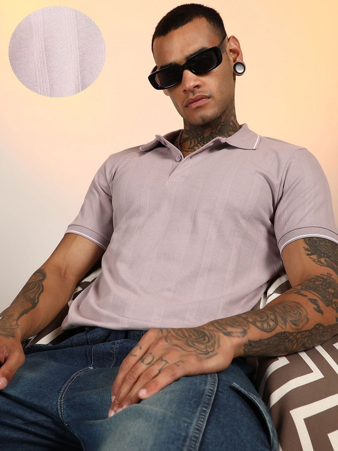 Campus Sutra Men Self Design Polo Collar Cotton T-shirt