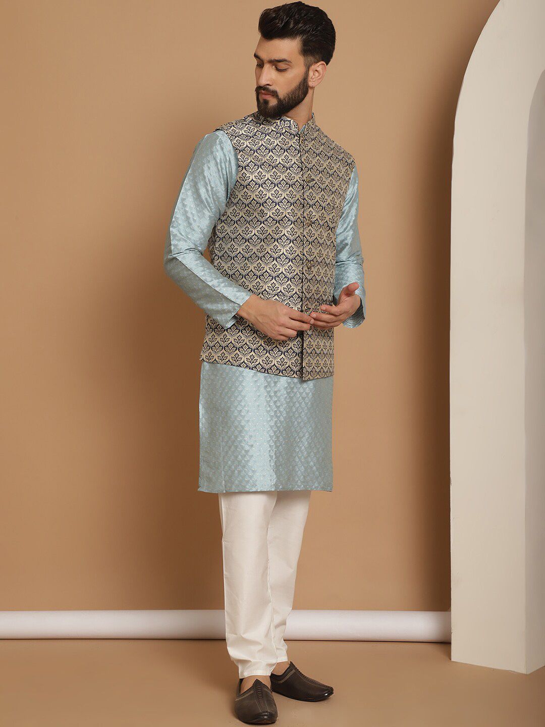 Anouk Blue Ethnic Motifs Embroidered Pure Cotton Straight Kurta With Churidar