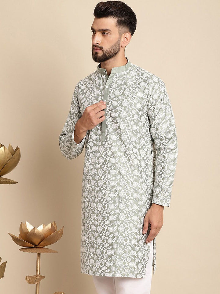 Anouk Floral Embroidered Band Collar Silk Cotton Straight Kurta