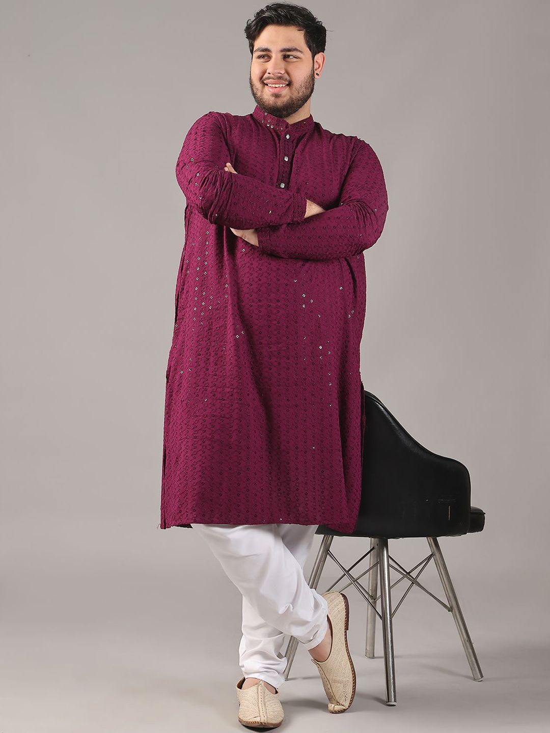 SOJANYA PLUS Plus Size Lelaki Motif Etnik Sulam Kapas Tulen Kurta Lurus & Piyama