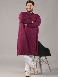 SOJANYA PLUS Plus Size Lelaki Motif Etnik Sulam Kapas Tulen Kurta Lurus & Piyama