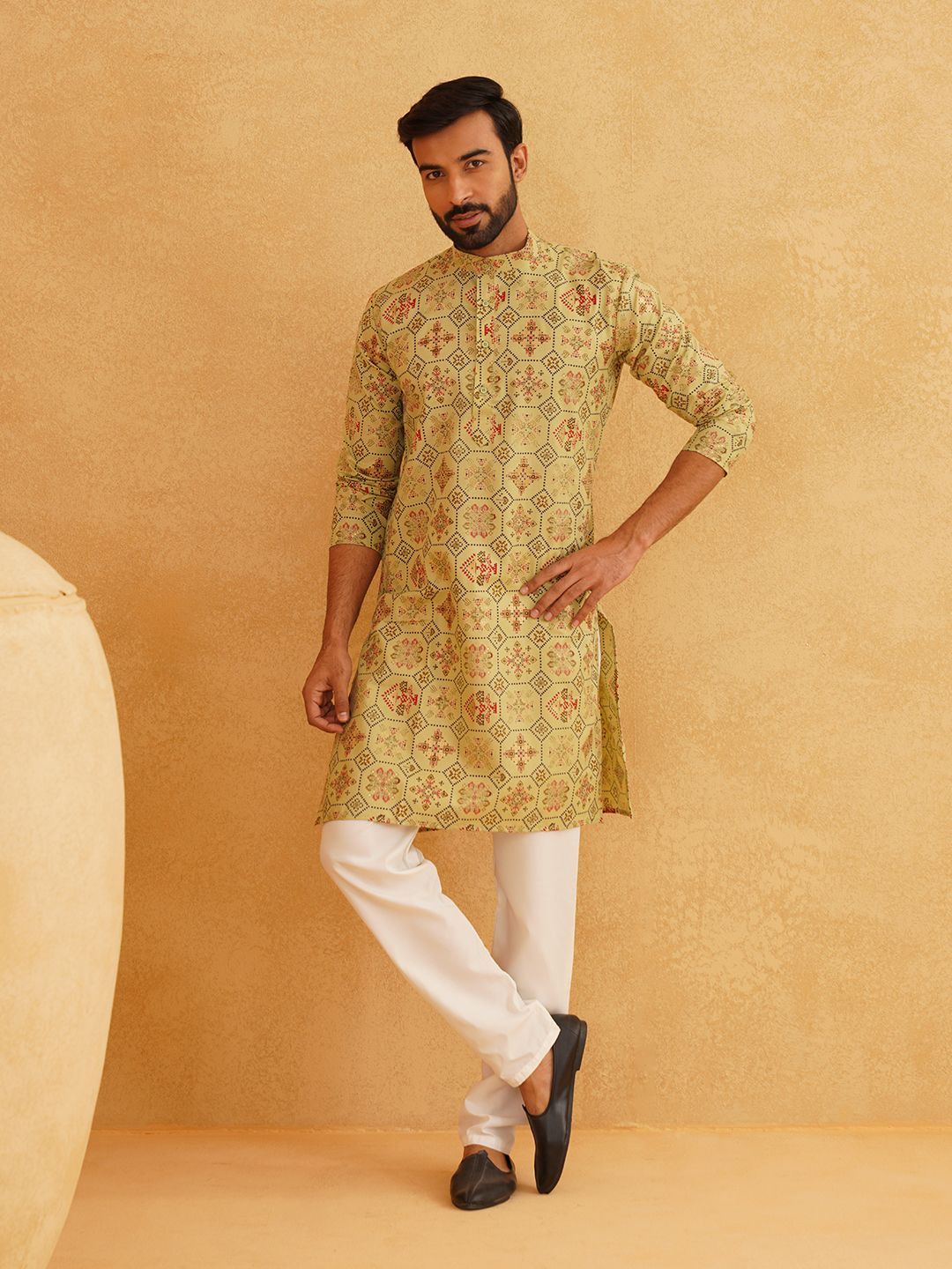 SOJANYA Ethnic Motifs Printed Band Collar Straight Kurta With Churidar