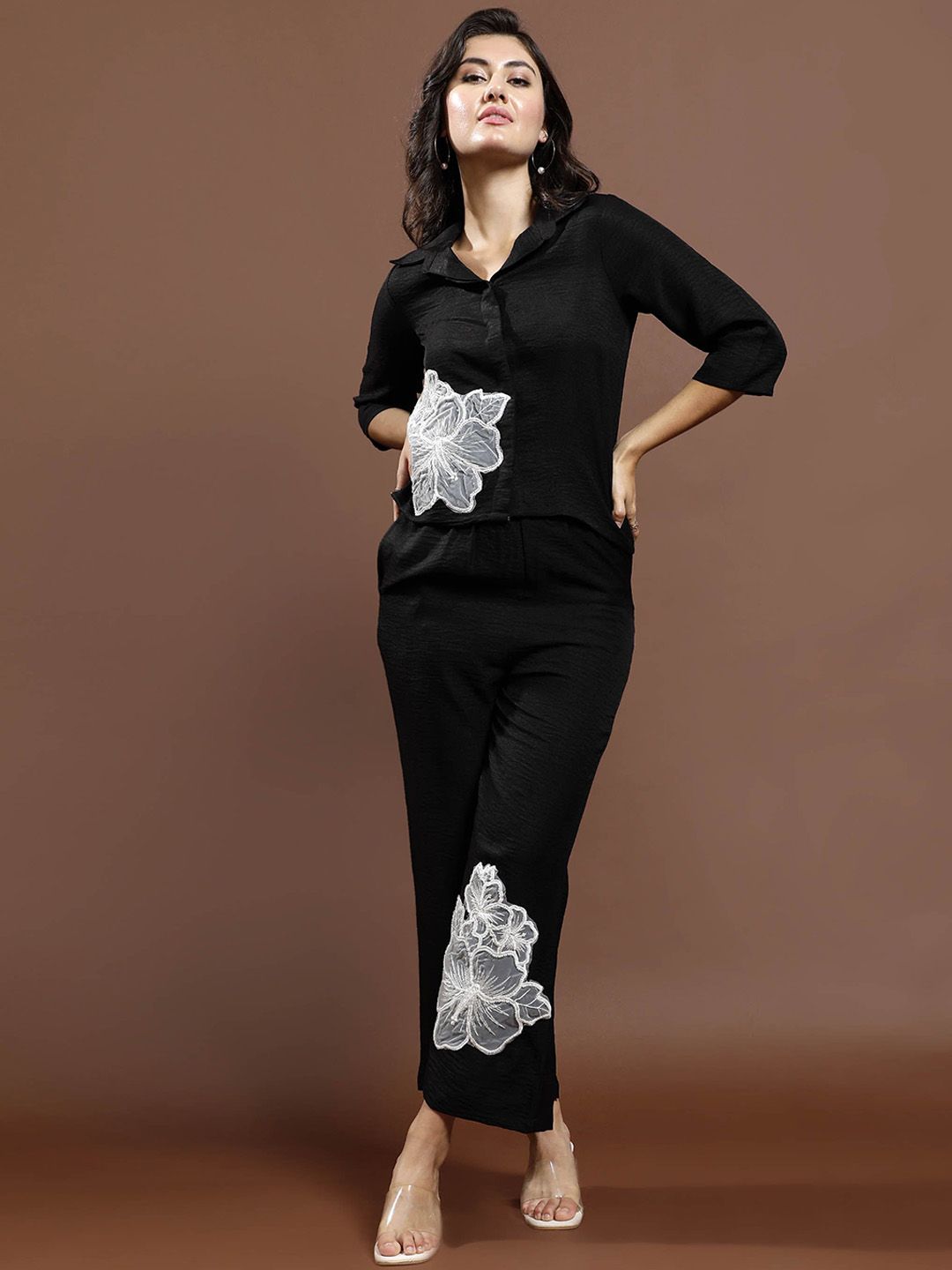 Athena Floral Embellished Patchwork Linen Shirt & Trousers