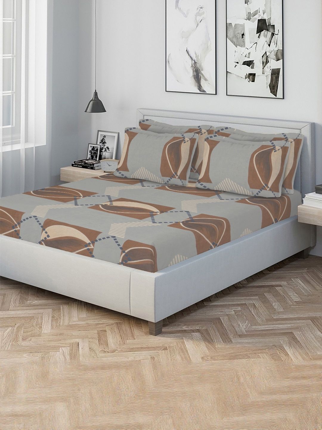 KLOTTHE Kelabu & Coklat Geometrik 300 TC Cadar Tempat Tidur King dengan 4 Sarung Bantal