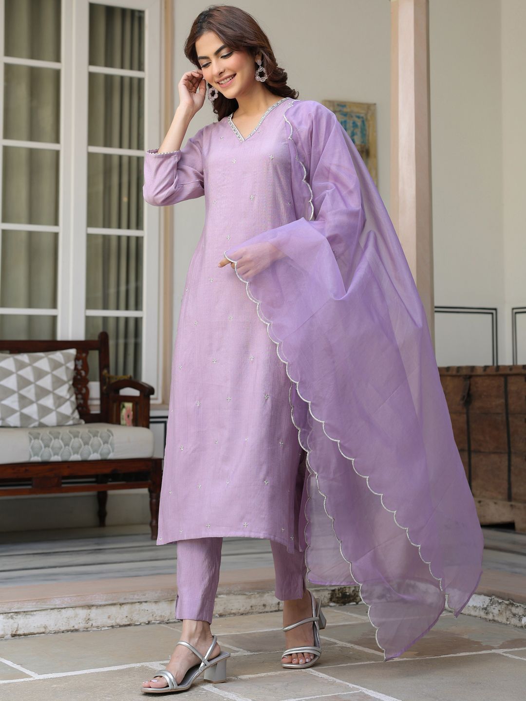Janasya Women's Lavender Chinon Embellished Kurta with Pant and Dupatta