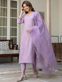 Janasya Women's Lavender Chinon Embellished Kurta with Pant and Dupatta