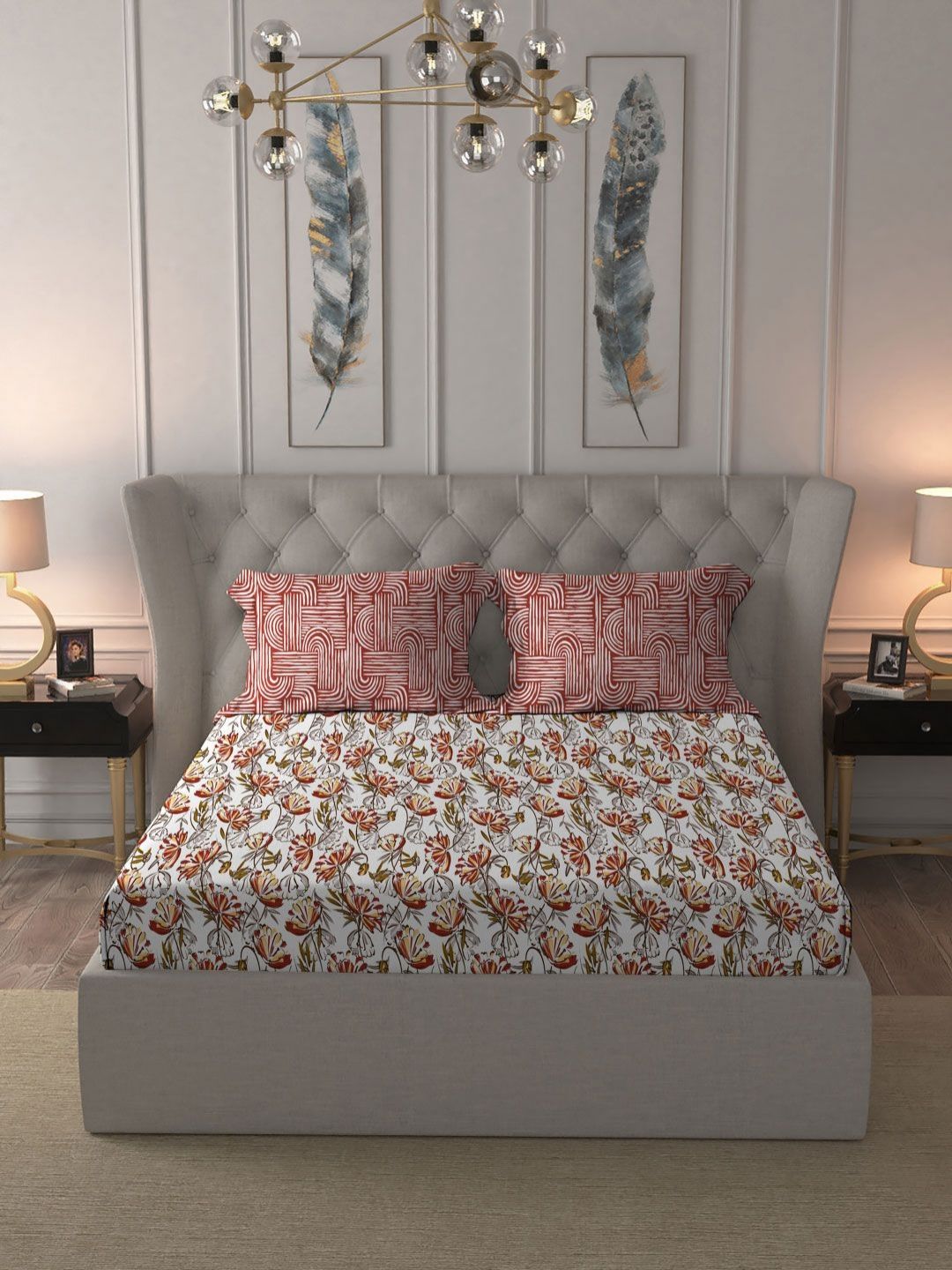 MYTRIDENT Rust Moments Flat 120TC Queen Cotton 1 Bedsheet with 2 Pillow Covers
