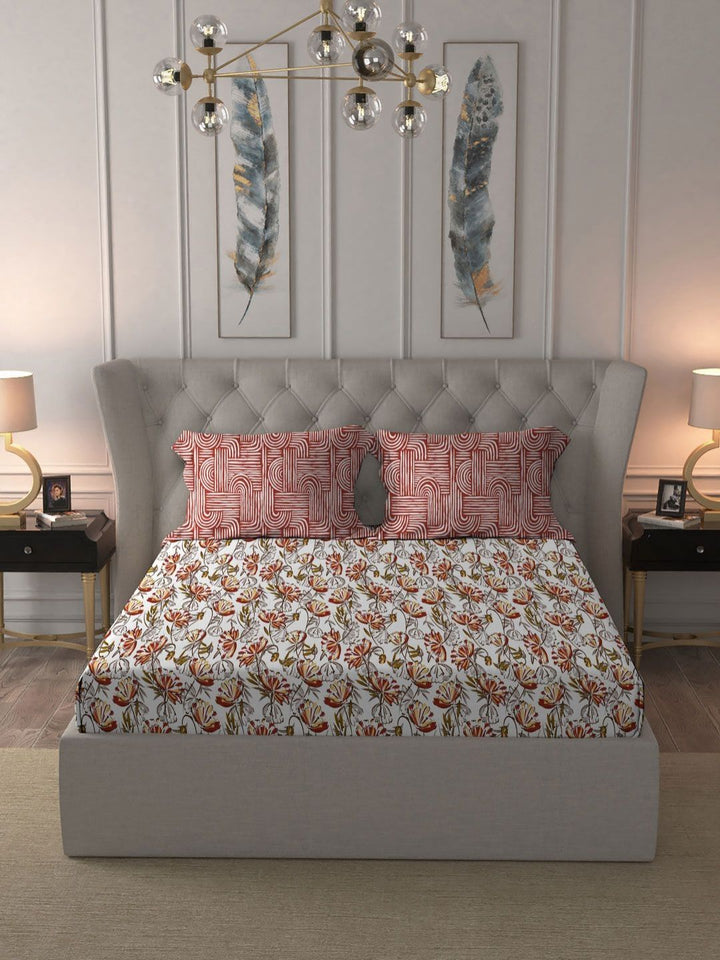 MYTRIDENT Rust Moments Flat 120TC Queen Cotton 1 Bedsheet with 2 Pillow Covers