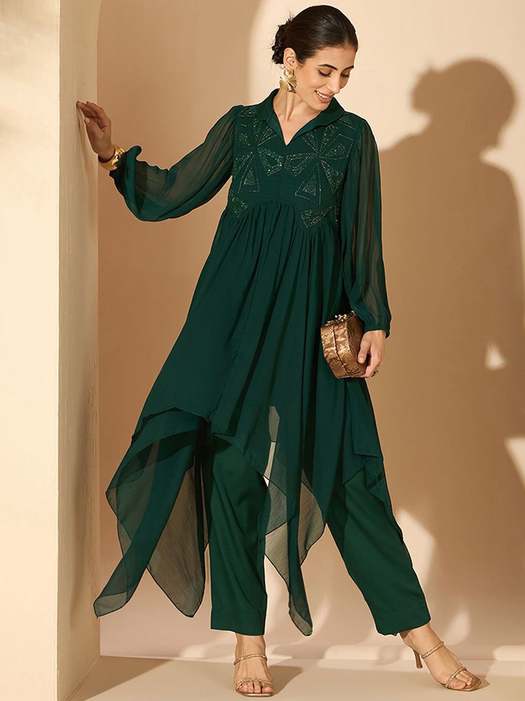 Antheaa Green Embellished Shirt Collar Tunic & Trousers