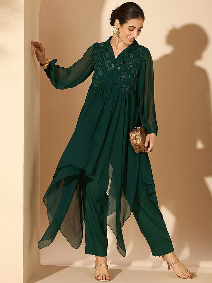 Antheaa Green Embellished Shirt Collar Tunic & Trousers
