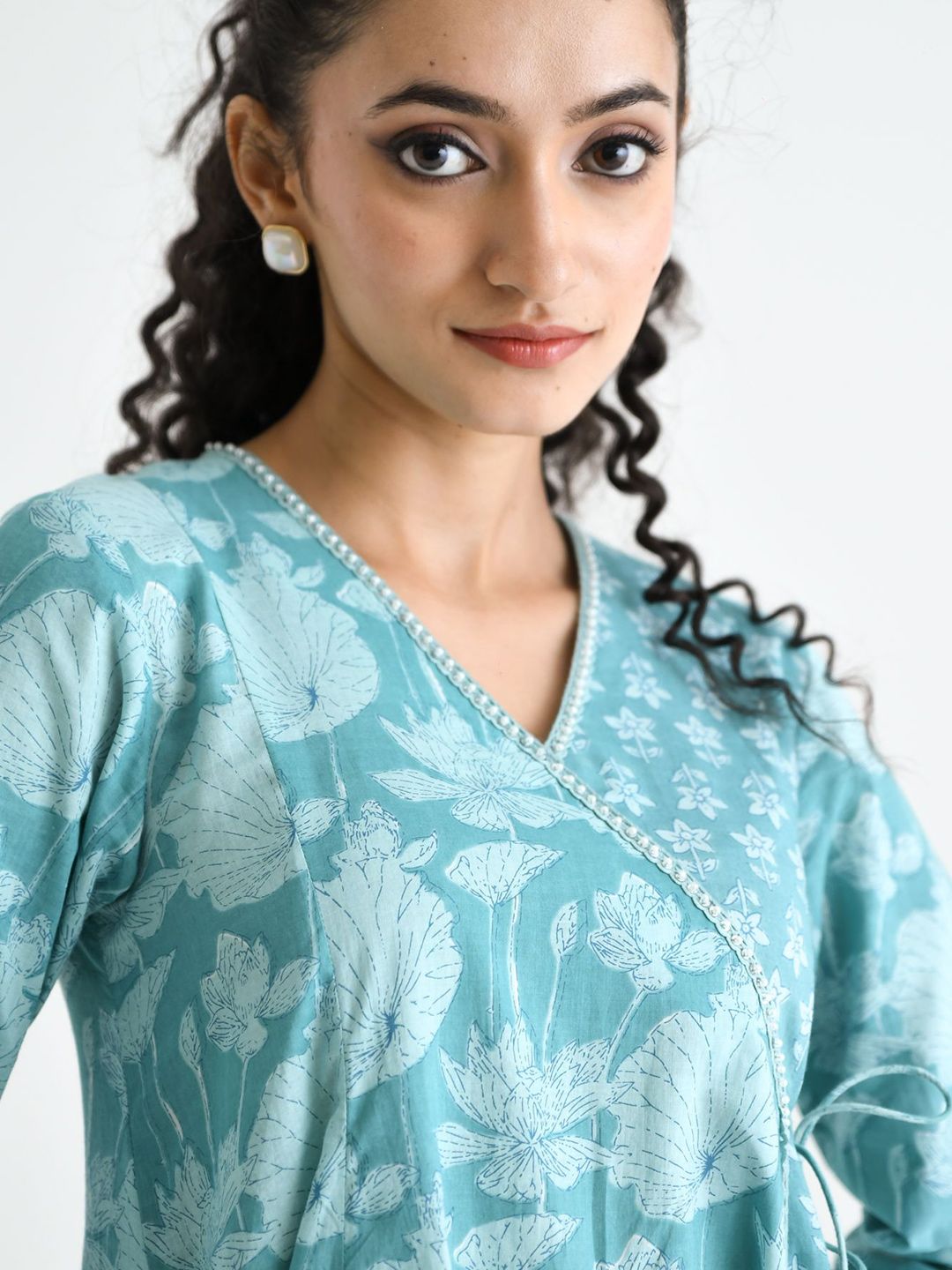 Rustorange Floral Printed Embroidered Neckline Pure Cotton Angarakha Tunic & Trouser