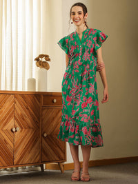 SANSKRUTIHOMES Women Green Cotton Printed V Neck Dress