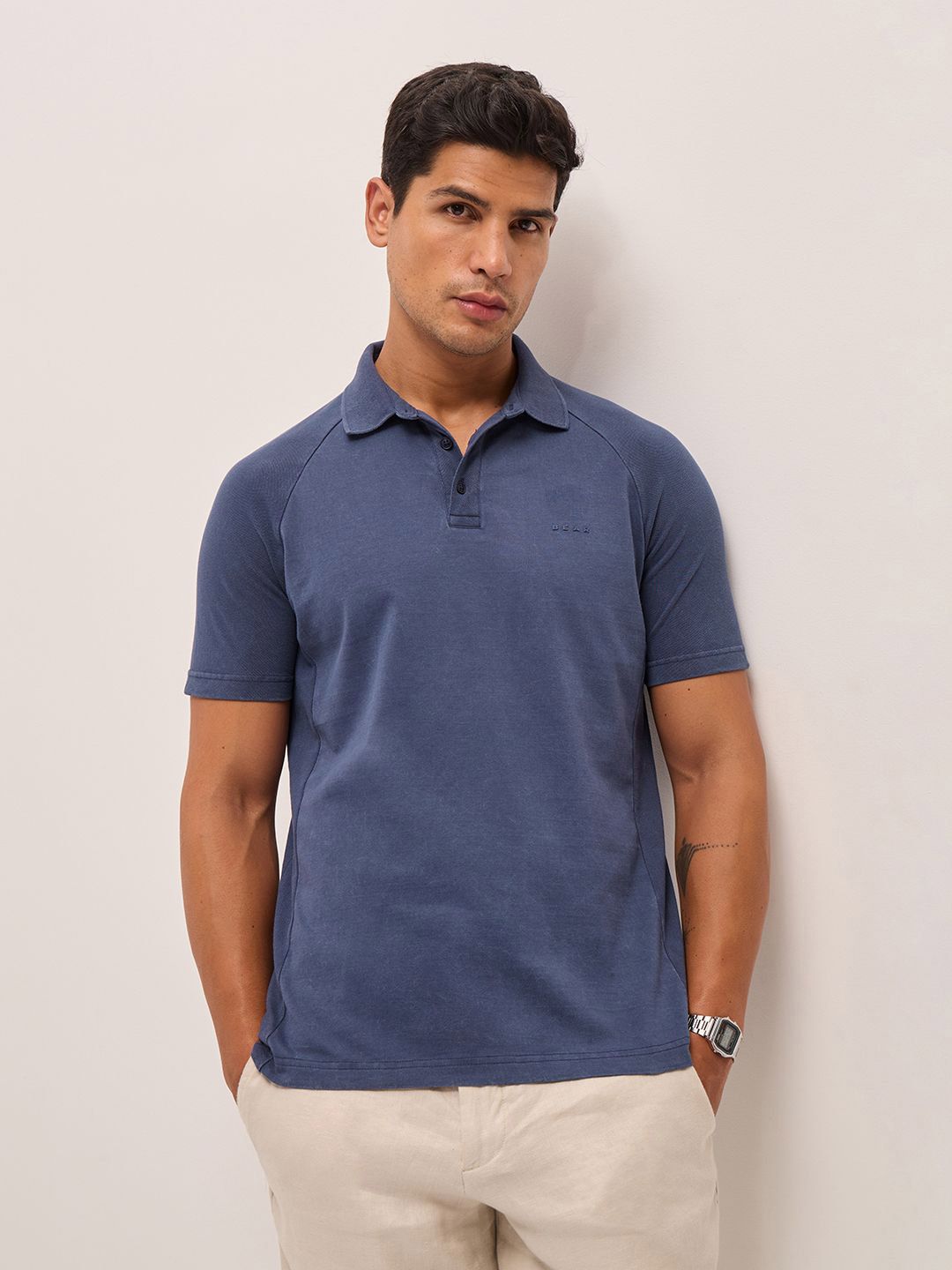 THE BEAR HOUSE Men Solid Polo Collar Pure Cotton T-shirt