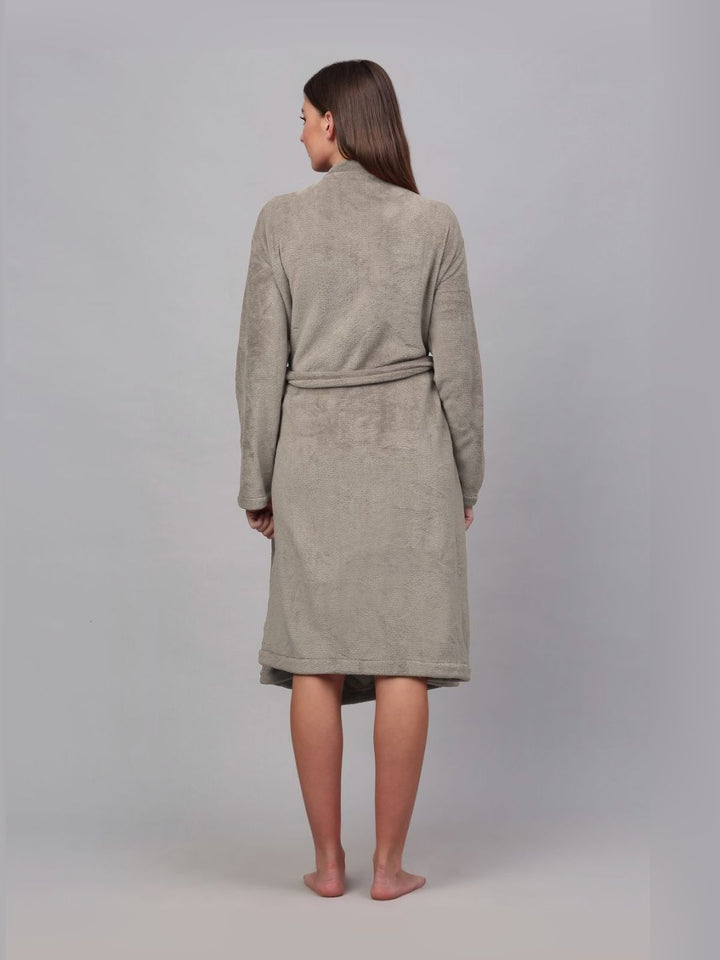 KLOTTHE Woolen Taupe Shawl Collar Bath Robe With Belt