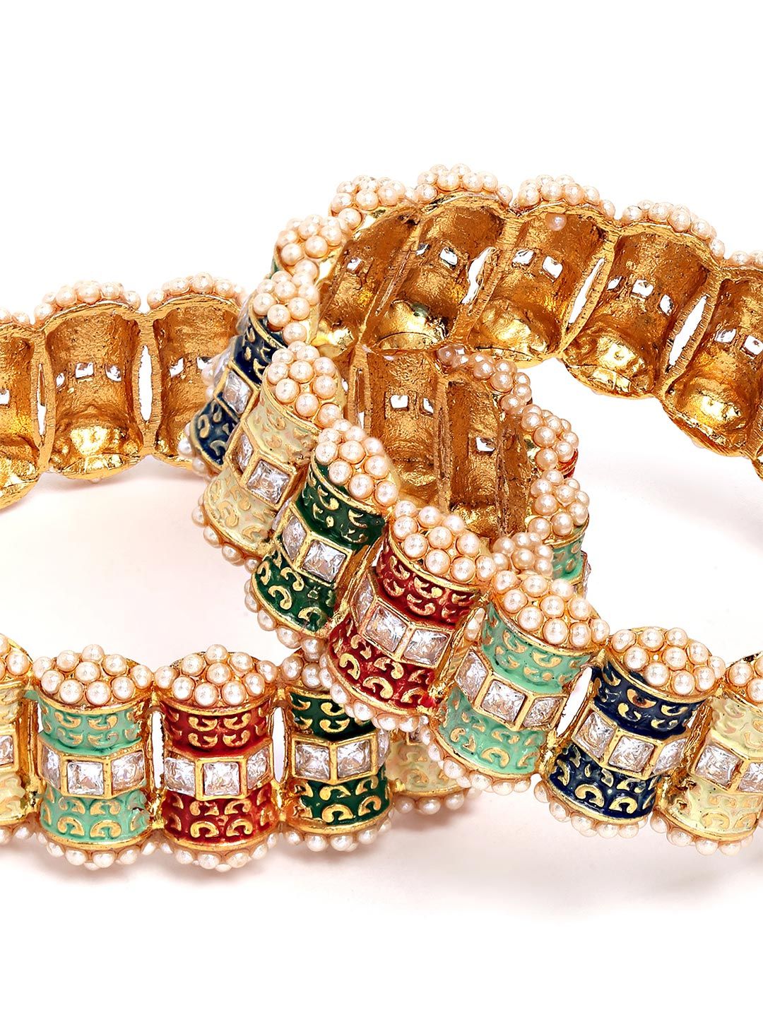 KARATCART Set Of 2 Gold-Plated & Red Stone Studded Rajwadi Bangle