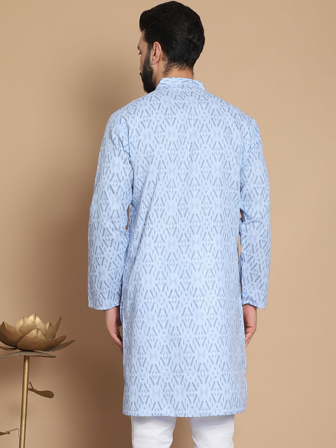 Anouk Blue Ethnic Motifs Printed Mandarin Collar Pure Cotton Straight Kurta