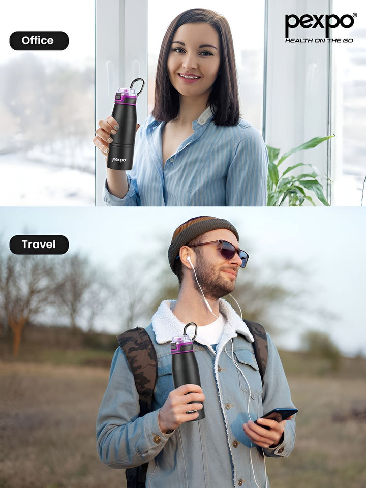 Pexpo Black & Purple Printed Stainless Steel Double Wall Vacuum Water Bottle-740 ml