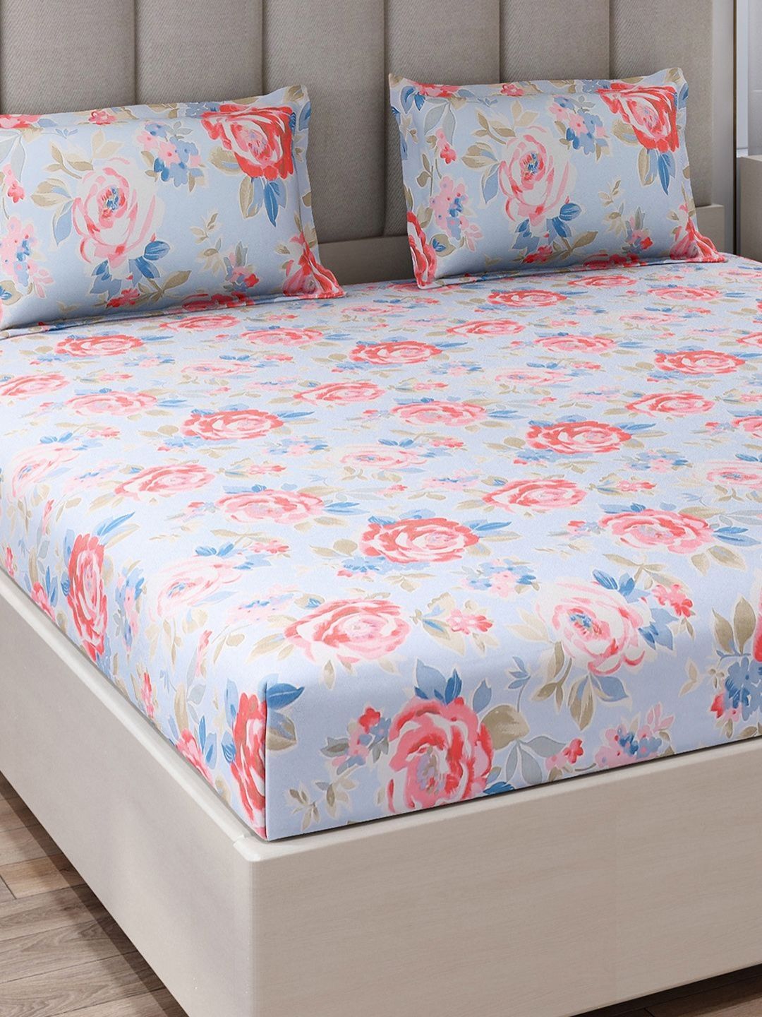Monte Carlo Blue & Pink Floral Printed 130 TC King Bedsheet Set 2.75 m x 2.75 m