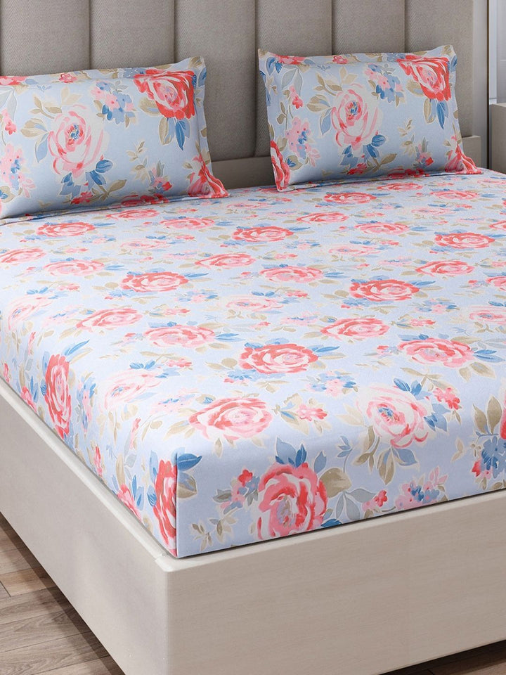 Monte Carlo Blue & Pink Floral Printed 130 TC King Bedsheet Set 2.75 m x 2.75 m