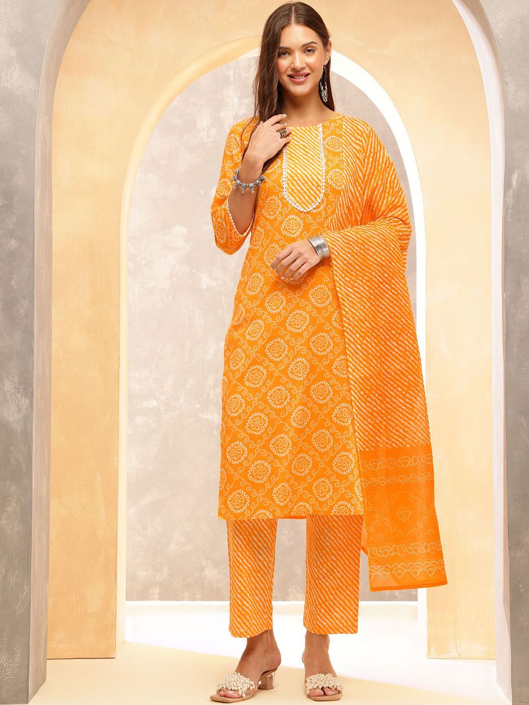Anouk Women Ethnic Motifs Printed Regular Sequinned Pure Cotton Kurta with Trousers & With Dupatta