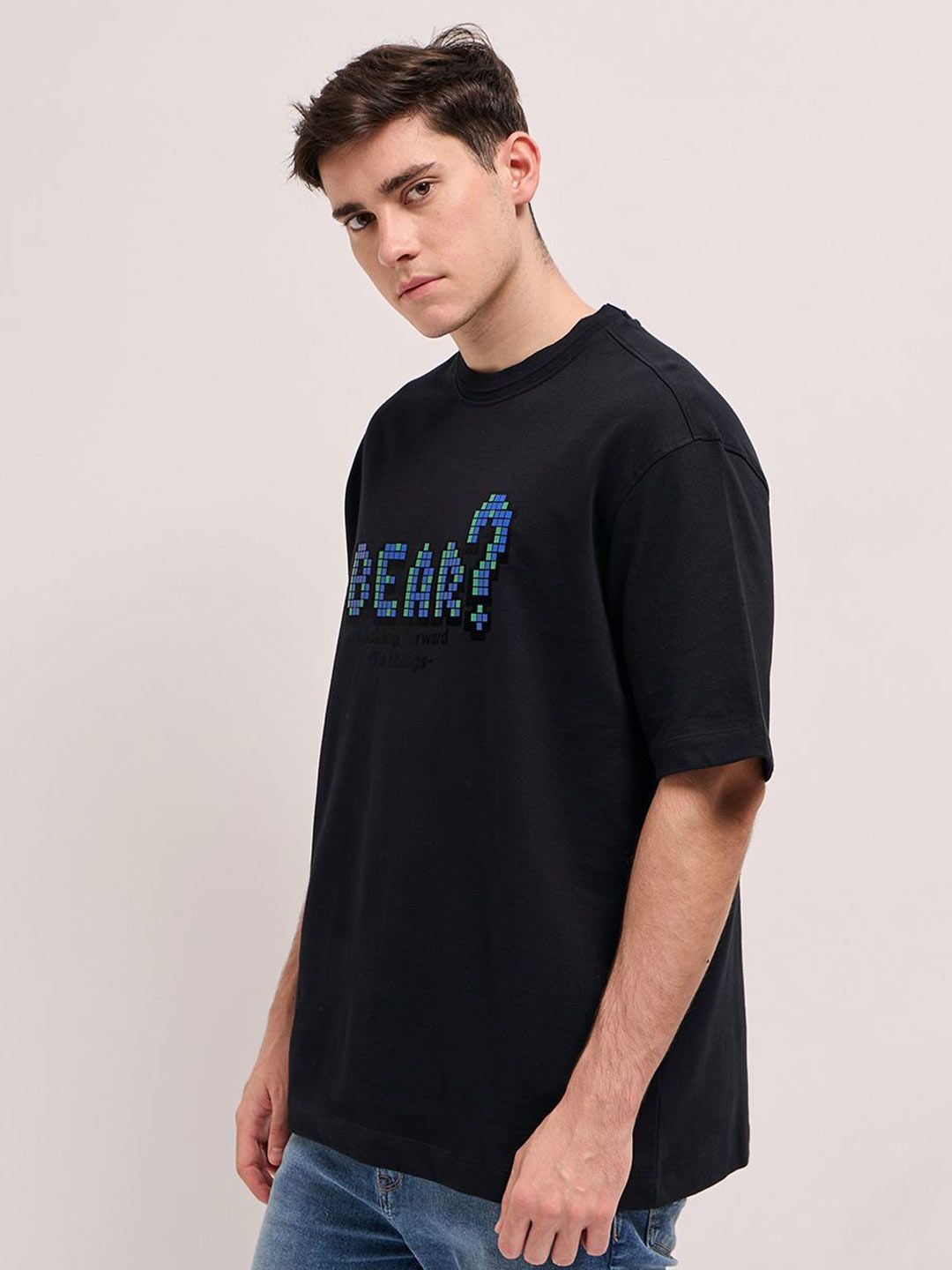 THE BEAR HOUSE Men Typography Printed Round Neck Pure Cotton Oversized T-shirt