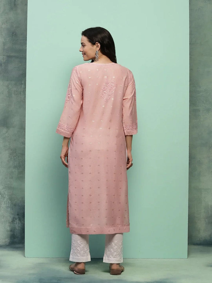 House of Chikankari Women Dust Pink Chanderi Chikankari Embroidered Kurta