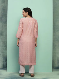 House of Chikankari Women Dust Pink Chanderi Chikankari Embroidered Kurta