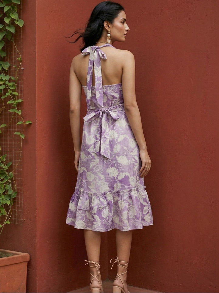 Mamicha Floral Printed Halter Neck Ruffled Crepe Fit And Flare Midi Dress