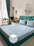 Aura Blue Ethnic Motifs Polycotton 300 TC Fitted King Fine Bedsheet dengan 2 Sarung Bantal-98 x 89 inci