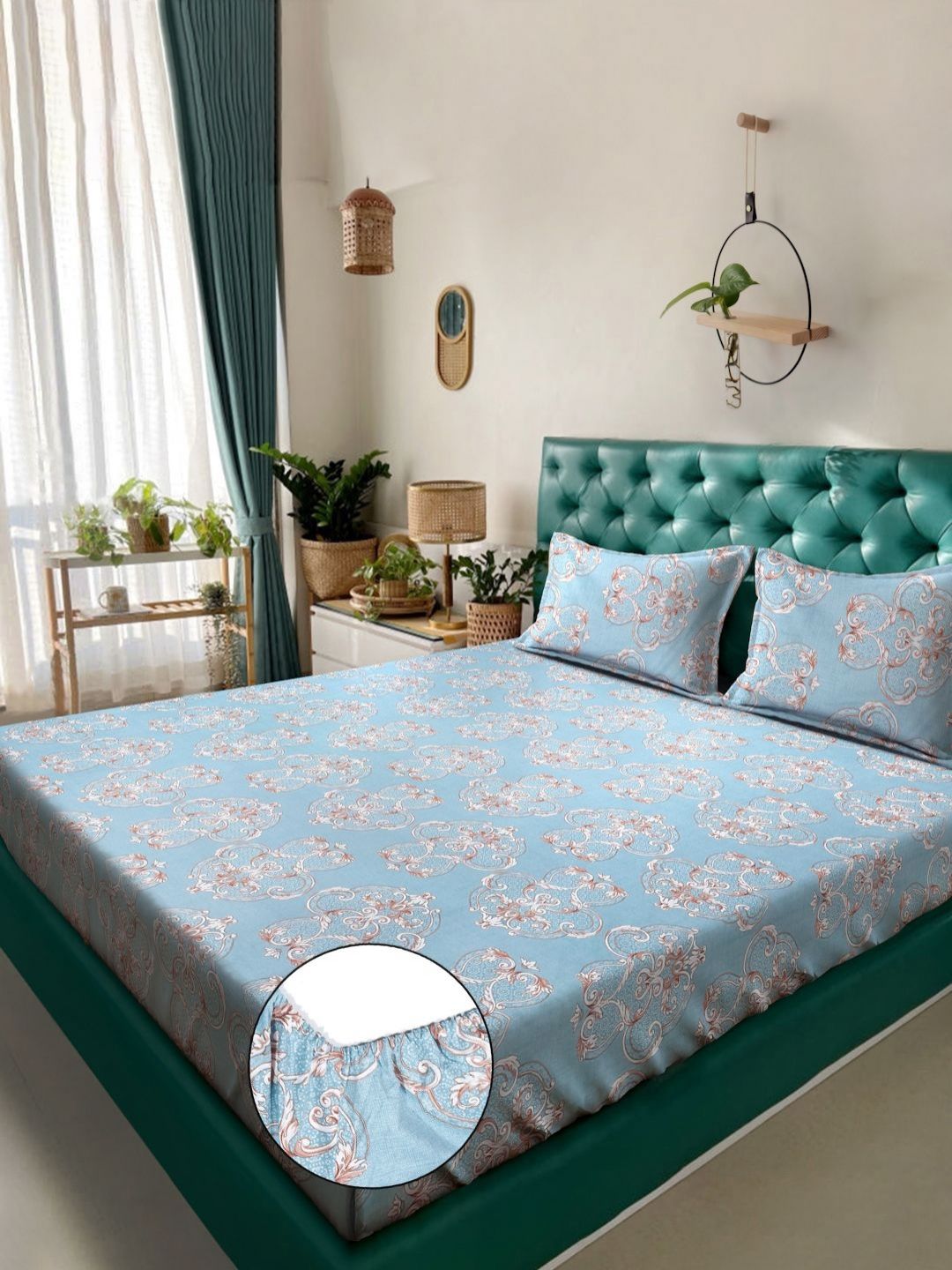 Aura Blue Ethnic Motifs Polycotton 300 TC Fitted King Fine Bedsheet dengan 2 Sarung Bantal-98 x 89 inci