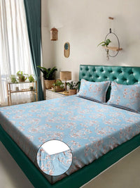 Aura Blue Ethnic Motifs Polycotton 300 TC Fitted King Fine Bedsheet dengan 2 Sarung Bantal-98 x 89 inci