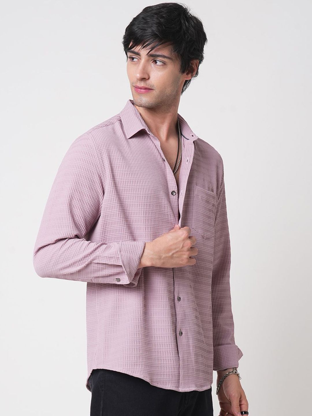 VASTRADO Men Classic Spread Collar Textured Slim Fit Casual Shirt