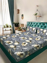 KLOTTHE Grey Floral 300 TC King Bedsheet with 2 Pillow Covers