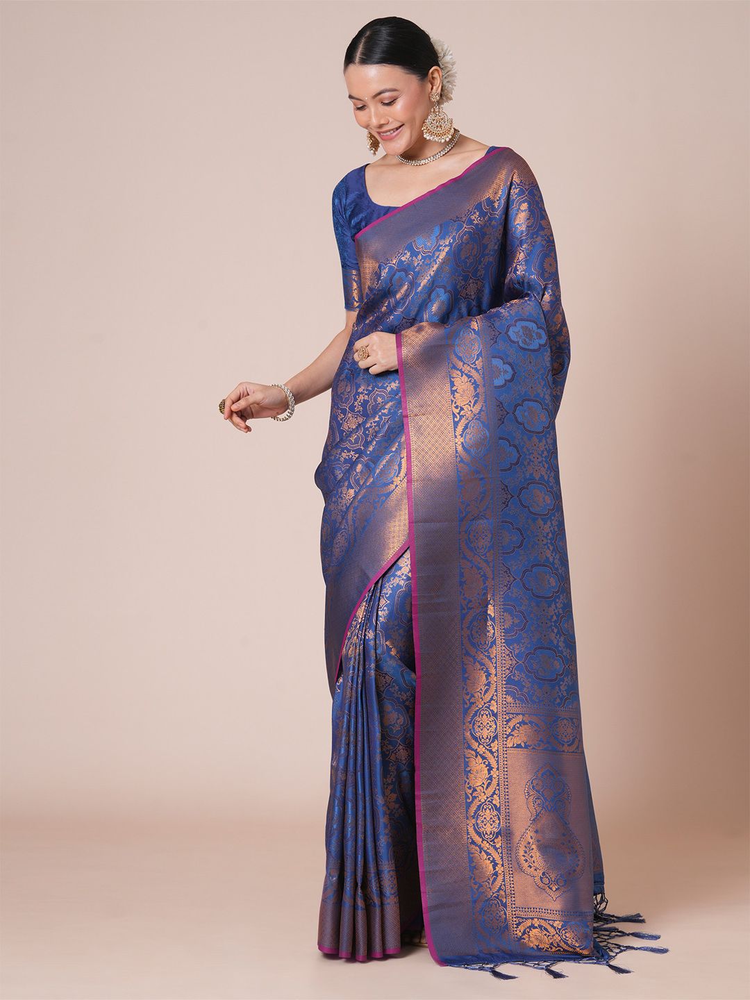 House of Pataudi Ethnic Motifs Woven Design Kanjeevaram Saree With Blouse Piece