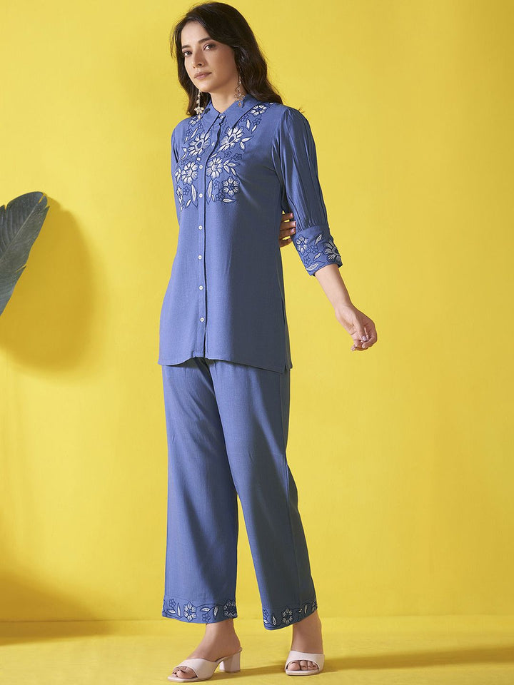 Anouk Blue and white Embroidered Liva Shirt With Trouser