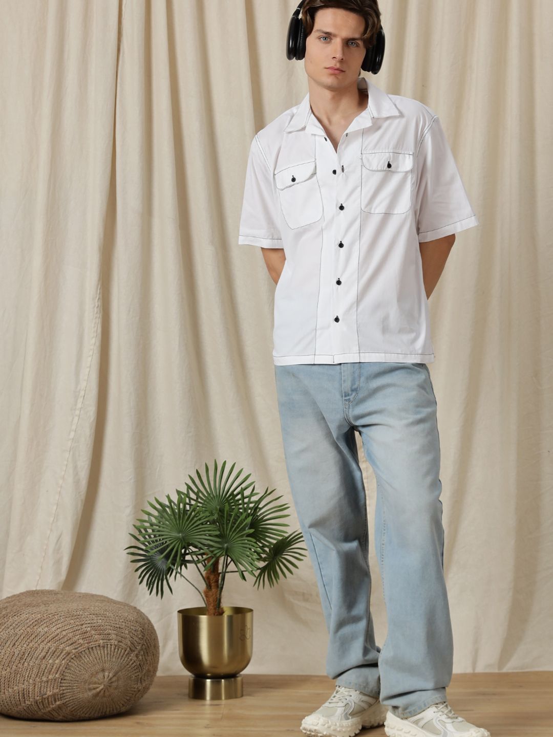 Eszett Contrasting Thread Cotton Short Sleeves Shirt