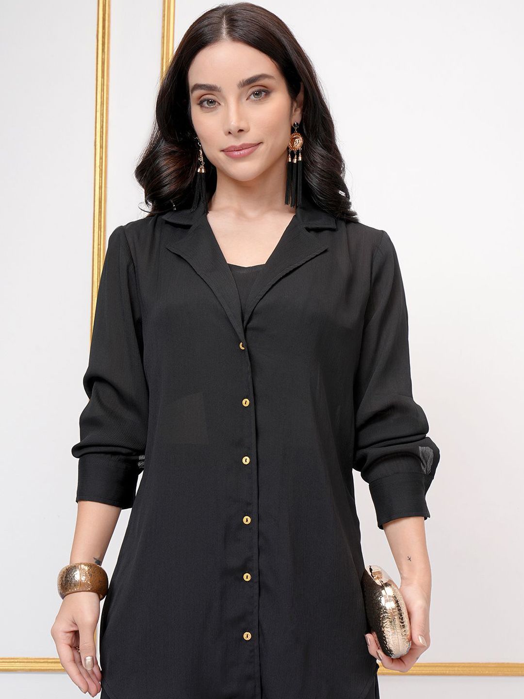 Vishudh Lapel Collar Long Sleeves Long Shirt With Palazzo With Crop Top