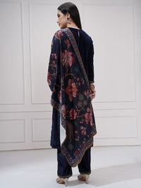 Vishudh Floral Yoke Design Round Neck Thread Work Straight Kurta With Trousers & Dupatta