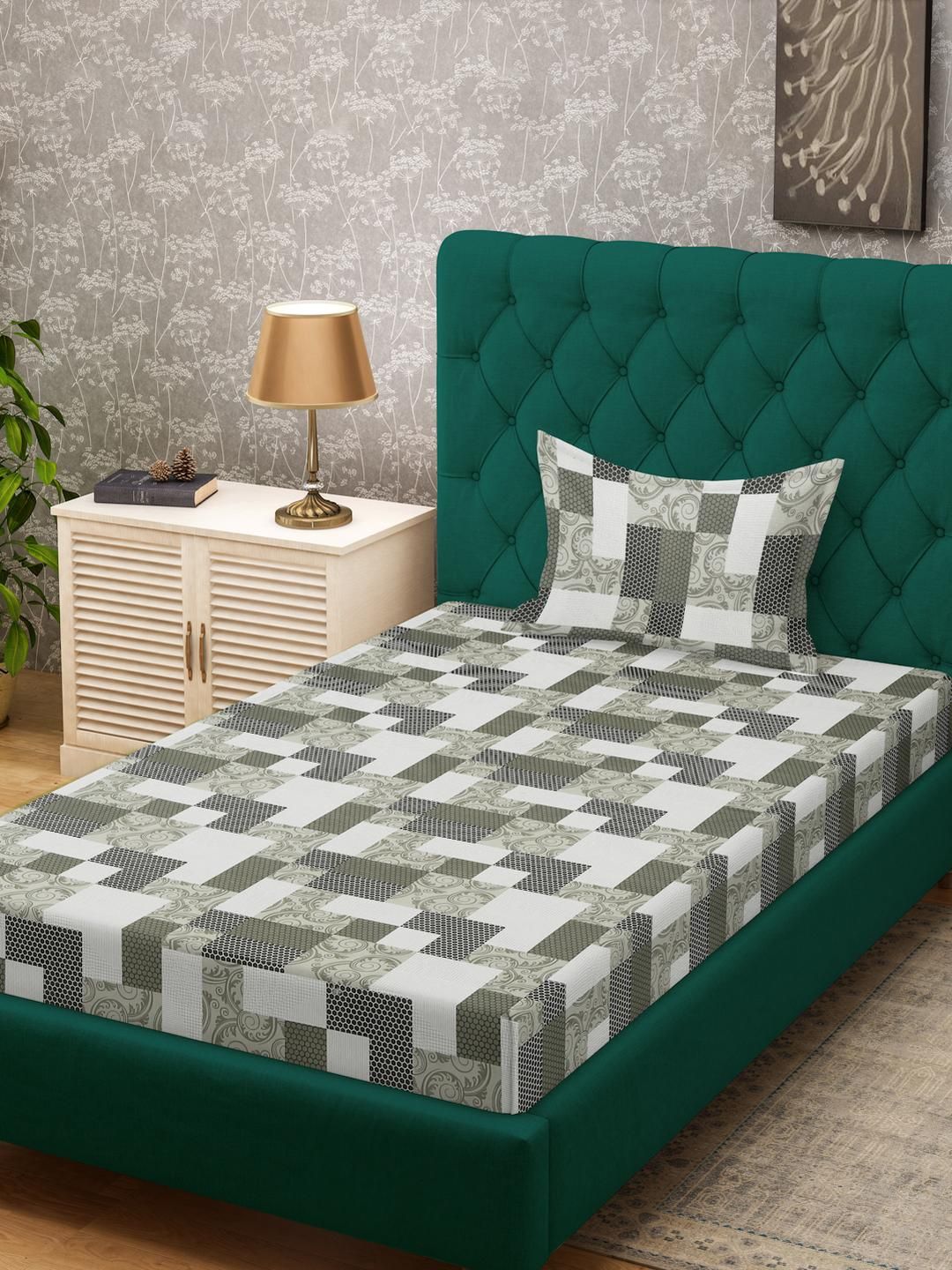 KLOTTHE Olive Green & White Geometric 400 TC Single Cotton Bedsheet with 1 Pillow Covers