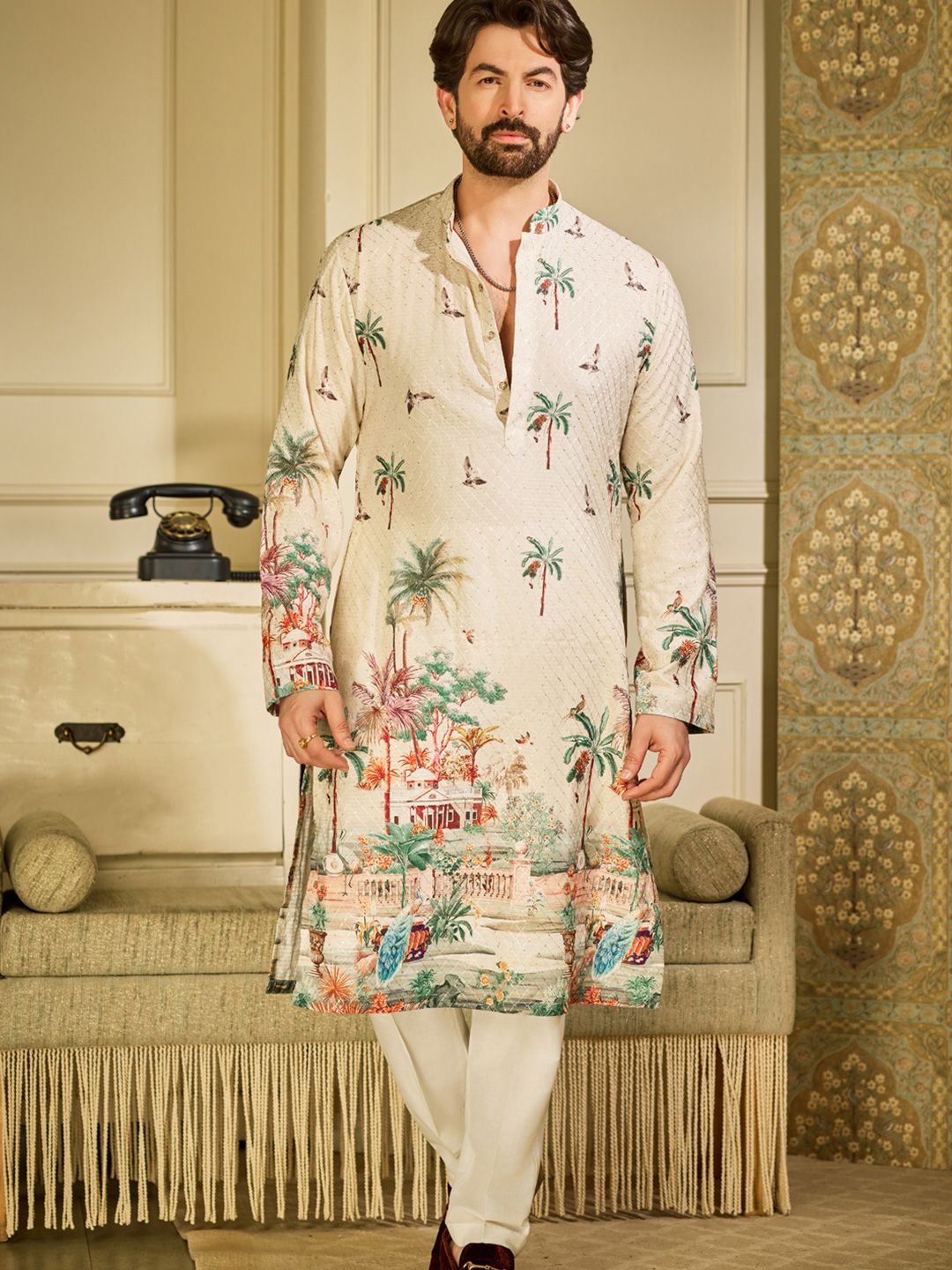 SOJANYA Ethnic Motifs Printed Mandarin Collar Sequinned Straight Kurtas