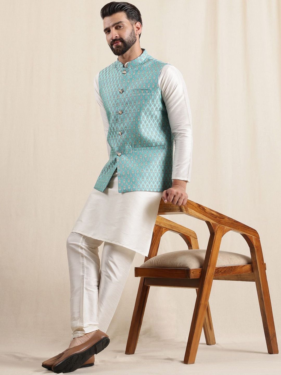 Anouk Men Kurta with Pyjamas with Woven Design Blue Nehru Jacket