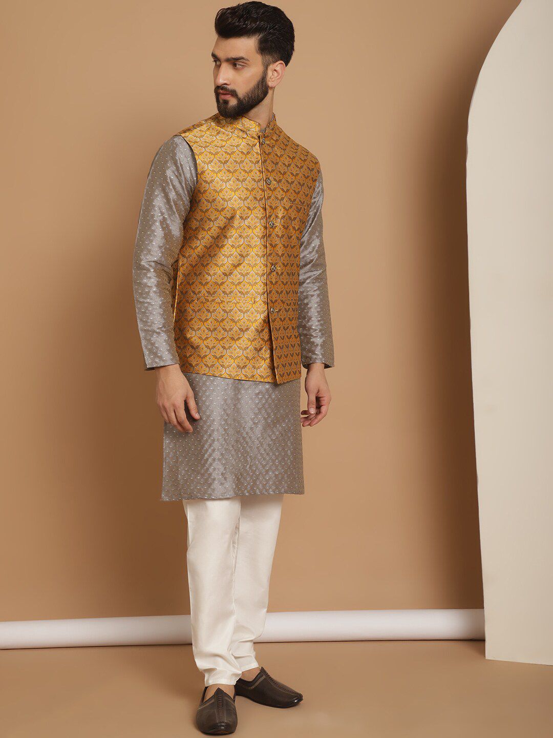 Anouk Embroidered Regular Thread Work Jacquard Silk Kurta With Churidar & Nehru Jacket