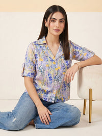 Mamicha Floral Print Roll-Up Sleeves Shirt Style Top