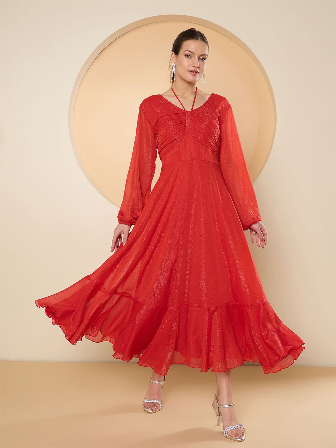 Antheaa Flared Sleeve Chiffon Maxi Dress
