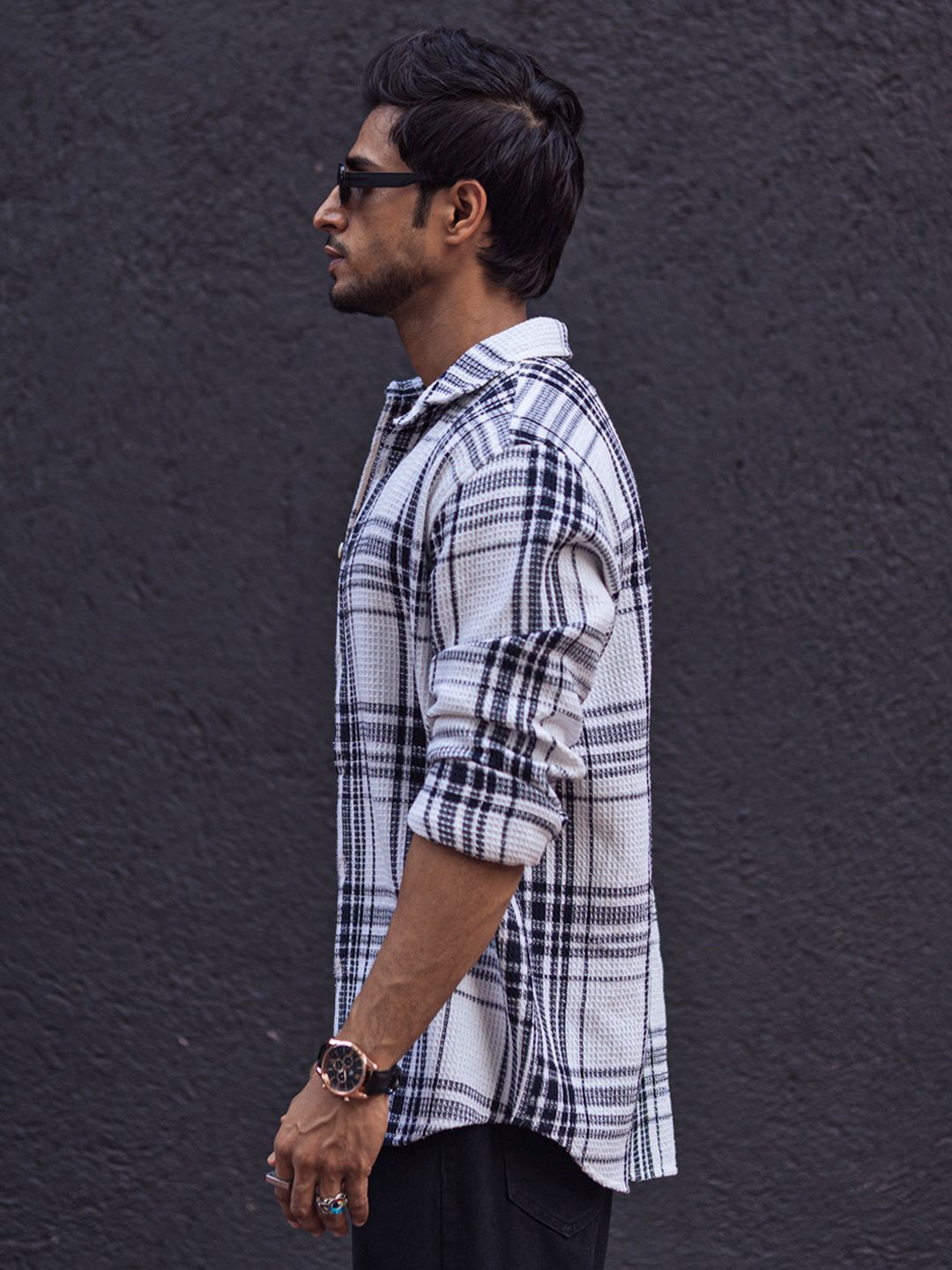 Powerlook Men Spread Collar Tartan Checked Cotton Canvas Casual Shirt