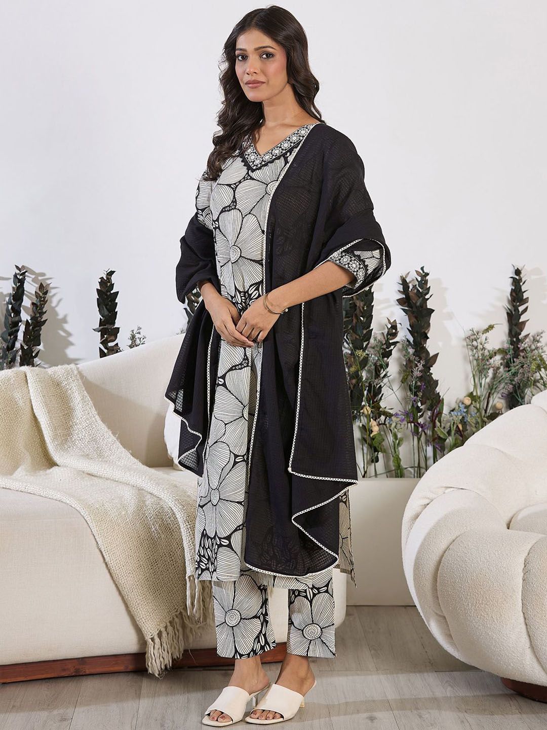 Indo Era Floral Printed Sequinned Pure Cotton Straight Kurta with Trouser & Dupatta