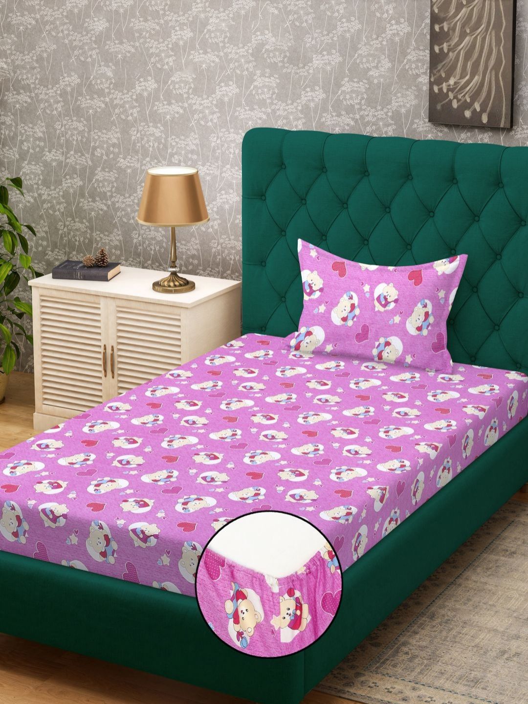 KLOTTHE Purple Conversational Pure Cotton 400 TC Fitted Single Superfine Bedsheet